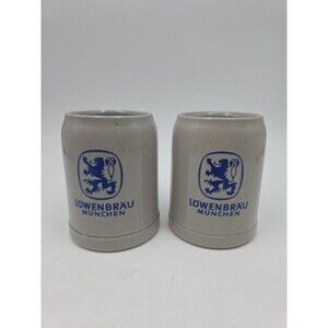Pair (2) Lowenbrau Munchen German Stoneware Beer Stein Mug .5L b1 bv
